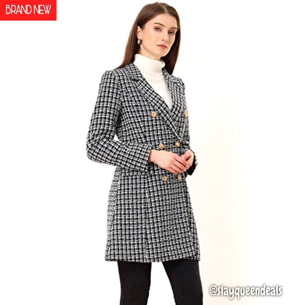 Women's Tweed Blazer Double Breasted Long Jacket Plaid Coat - Picture 3 of 6